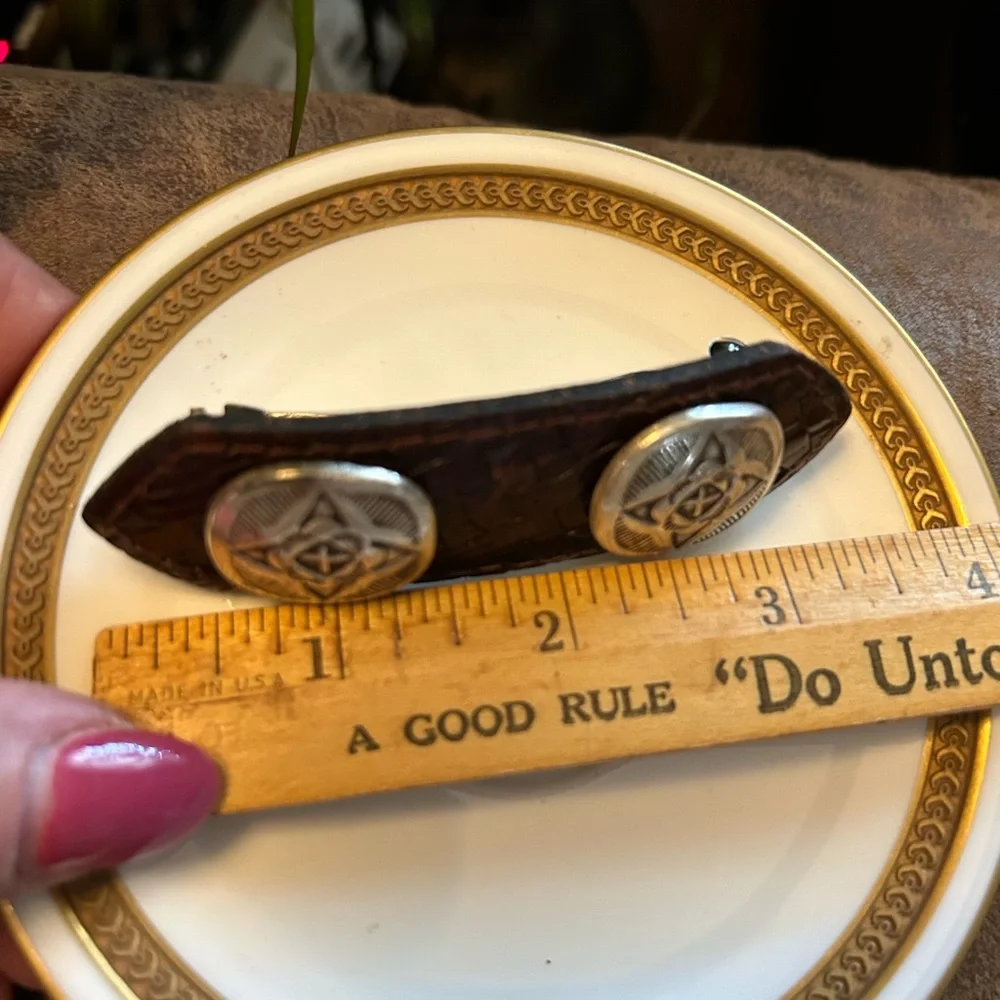 Vintage Brown Leather & Silver Metal Barrette